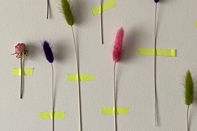 Helle, ruhige Wandfläche mit aufgeklebten Farbmarkierungen